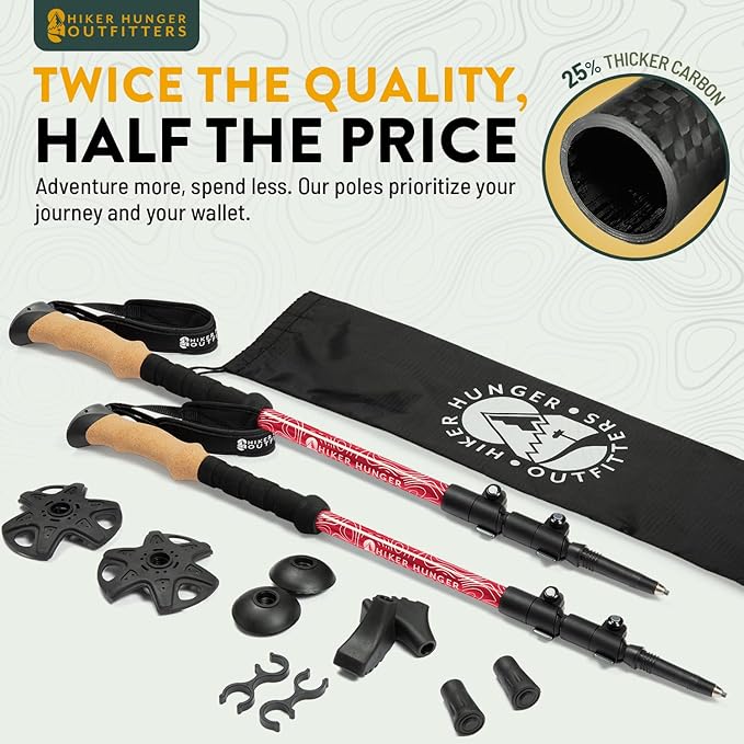 100% Carbon Fiber Trekking Poles by USA Brand - Ultra Strong Lightweight Collapsible Hiking Poles with Cork and EVA Foam Grips & Quick Adjustable Flip Locks-StrideForce Fitness