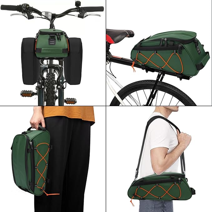 MOSISO Bike Rack Bag with 2 Removable Panniers, Waterproof Bike Trunk Cooler Storage Handbag Insulated Bicycle Rear Seat Pouch, Bicycle Storage Saddle Shoulder Bag Cycling Luggage Pouch, Peacock Green-StrideForce Fitness