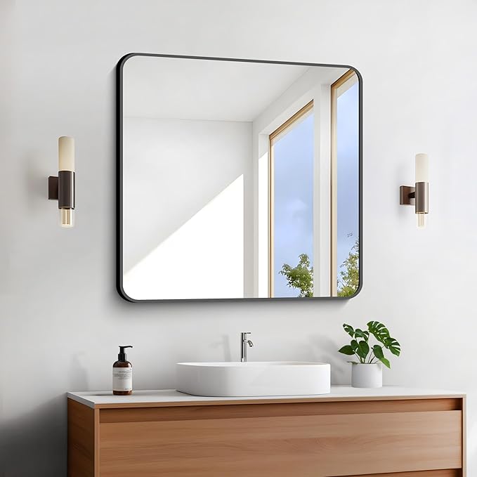FORBATH Bathroom Mirror 30" x 30", Large Square Wall Mirror with Black Aluminum Frame Rounded Corner, Wall Mounted Mirror for Bathroom Bedroom Entryway Living Room-StrideForce Fitness