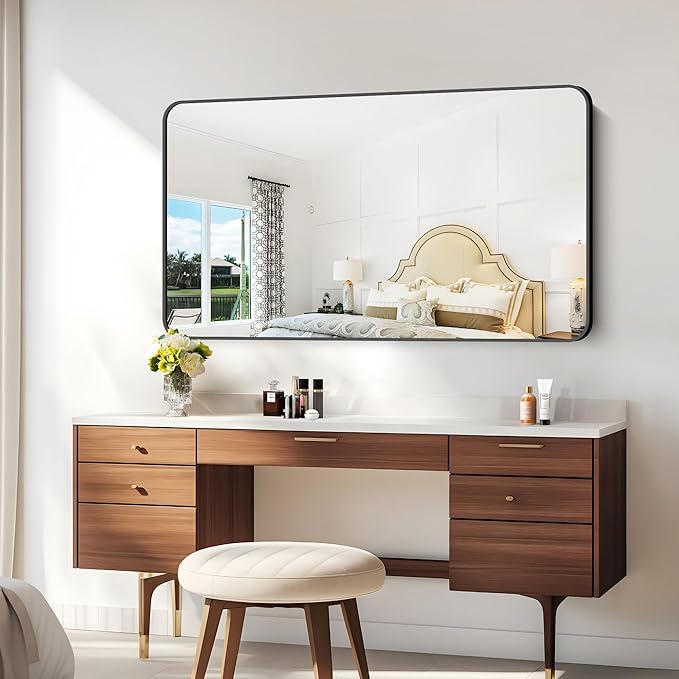 30x55 inch Bathroom Mirror,Black Rectangle Mirror,Wall Mounted Bathroom Frame Vanity Mirror with Round Corner for Bedroom Living Room, Entryway Hangs Horizontal or Vertical-StrideForce Fitness