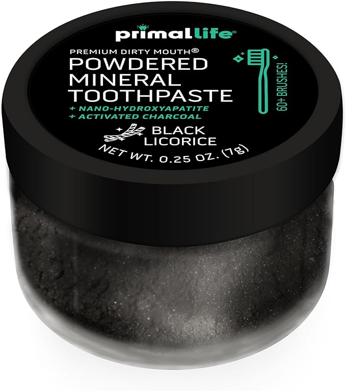 Primal Life Organics - Dirty Mouth Toothpowder, Activated Charcoal Tooth Cleaning Powder, Essential Oils Natural Kaolin Bentonite Clay, 60+ Brushings, Organic Vegan (Charcoal Black Licorice, 0.25 oz)