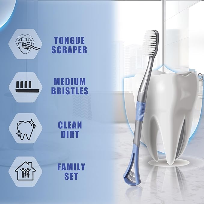 2IN1 Toothbrush Medium with Tongue Scraper, Medium Toothbrushes for Adults, Travel Toothbrushes with Ergonomic Handle, Assorted Colors, 6 Pack