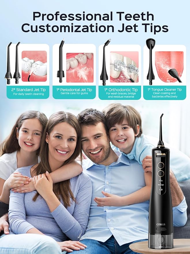 COSLUS Portable Water Flosser for Teeth: 10 Pressure Settings Professional Water Dental Pick for Orthodontic, Braces & Sensitive Gums - Cordless for Travel Use, for Adults Teens, BPA-Free, E40