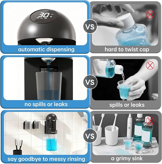Upgraded Automatic Mouthwash Dispenser with 4 Dispensing Levels for Bathroom-GIMUBABA Smart Mouth Wash Dispenser Sets with 20.3 FL Oz Container,2 Cups & Wall Mount Accessories for Kids & Family(black)