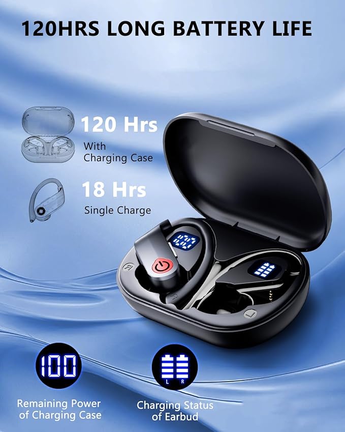 EUQQ Ear Buds Wireless Bluetooth Earbuds, Noise Cancelling Headphones 120H Playtime，IPX7 Waterproof Sports with Earhooks,LED Display Wireless Earphones for Running Gym Workout-Black-StrideForce Fitness