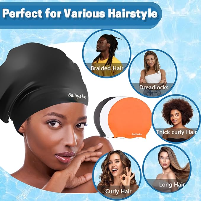 3 Pack Extra Large Swim Cap for Braids & Dreadlocks - Waterproof Silicone Swim Hat for Women with Long Thick Hair, Protective Swim Cap Cover Ears for Swimming, Shower, Bathing-StrideForce Fitness
