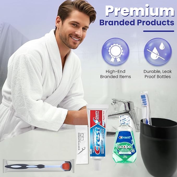 Trektote Bulk Toothpaste and Toothbrush Set- (100 Pack) 6 Piece Dental Care Kit, TSA Compliant, Includes Toothpaste, Toothbrush, Mouthwash, Flosses and Premium Toiletry Bag