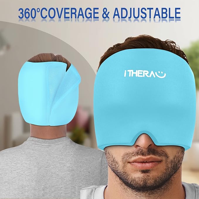 iTHERAU Migraine Relief Cap, Soothing Headache Hat, Gel Ice Pack Head Wrap with Hot and Cold Therapy, Headache Relief Cap for Sinus, Puffy Eyes, Tension and Stress Relief Blue-StrideForce Fitness
