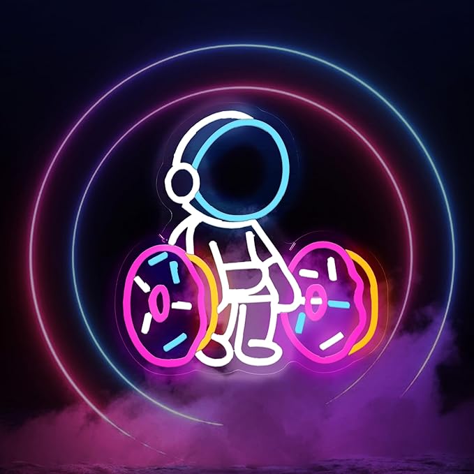 Astronaut Lifting Donut Neon Sign Astronaut Donut Neon Light Astronaut Light Sign Dimmable Bakery LED Neon Light for Club Decor Man Cave Game Room Bar Pub 12.5"×12.7"-StrideForce Fitness