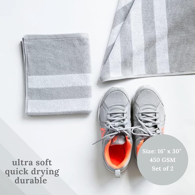 Luzia Striped Workout Towel for Sweat (Pack of 2) - Premium Quality 100% Turkish Cotton - Lightweight and Super Absorbent for Exercise, Sports, Workout, Fitness, Gym, Yoga, Running (Gray)