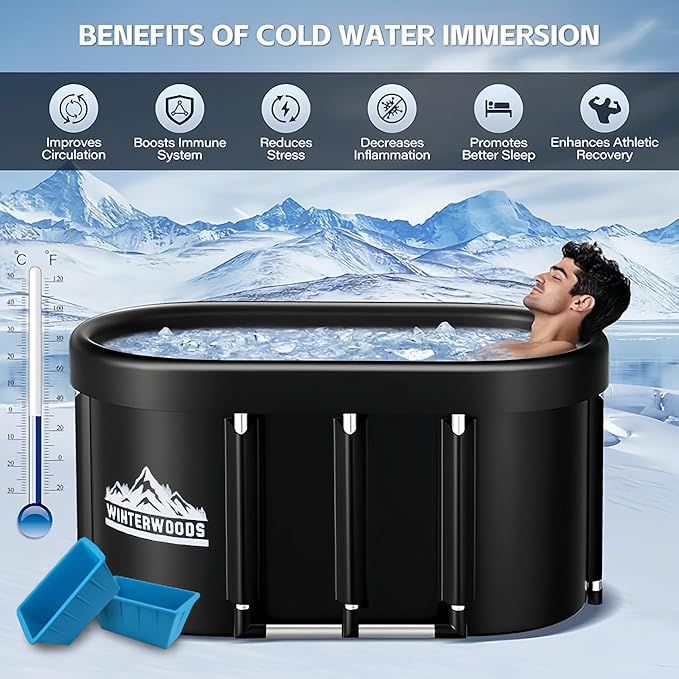 XL Ice Bath Tub For Athletes - 129 Gallon Oval Shaped Durable Frame - Recovery Cold Plunge & Cold Water Therapy - Portable Build - Easy Installation - Includes Two Collapsible Ice Molds & Thermometer-StrideForce Fitness