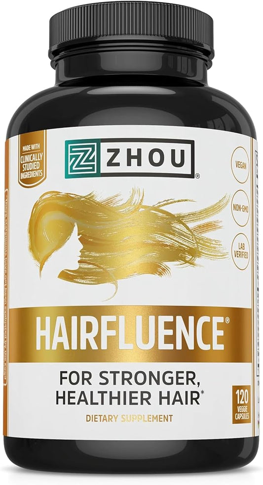 Zhou Hairfluence - Vegan Biotin Supplement for Hair Growth for Men & Women, Lustriva Hair Growth Supplement for Nails & Glowing Skin with B Vitamin Complex & Keranat - 120 Capsules (Pack of 1)-StrideForce Fitness