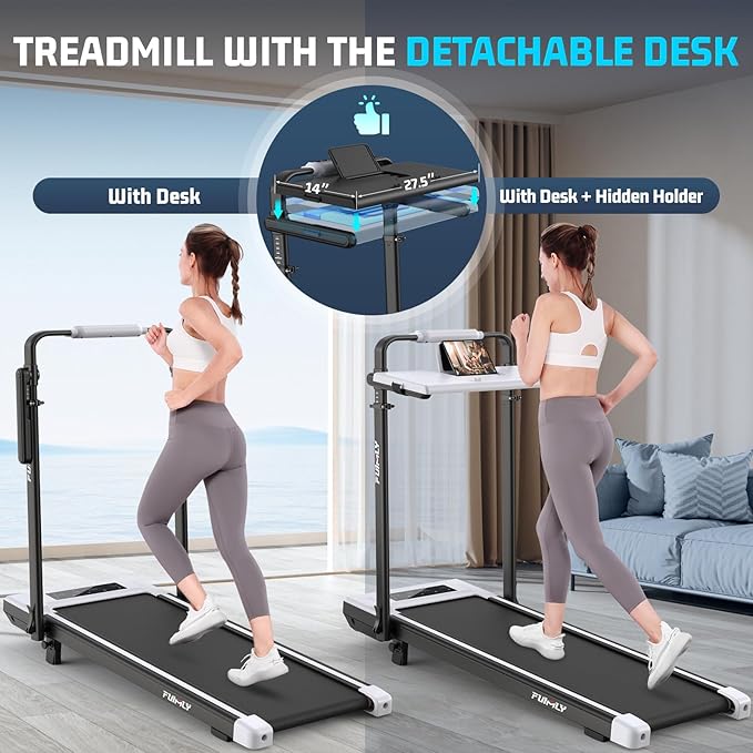 Walking Pad Treadmill with Desk Workstation, 10% Incline Foldable Treadmill with Handrail, 300lbs Capacity, 3 Control Methods, 8 in 1 Folding Treadmills for Home Office-StrideForce Fitness