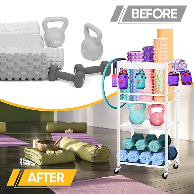 Home Gym Storage Rack, Heavy Duty Yoga Mat Holder Workout Equipment Storage Organizer Weight Rack with Hooks & Wheels for Dumbbells Kettlebells Dumbbell Yoga Block Foam Rollers Yoga Strap Resistance Bands, Fitness Exercise Equipment-StrideForce Fitness