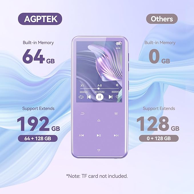AGPTEK 64GB MP3 Player with Bluetooth, M3 2.4 inch Music Player with Speaker and FM Radio, Touch Buttons, Supports Up to 128GB(Purple)-StrideForce Fitness