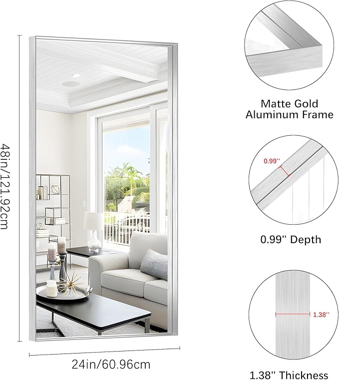 Silver Bathroom Mirror, 24x48 Inch Rectangular Framed Mirror, Large Wall Mounted Bathroom Vanity Mirror Over Sink for Bedroom,Restroom, Living Room, Hangs Vertically or Horizontally-StrideForce Fitness
