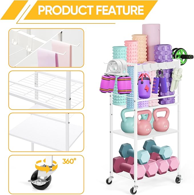 Home Gym Storage Rack, Heavy Duty Yoga Mat Holder Workout Equipment Storage Organizer Weight Rack with Hooks & Wheels for Dumbbells Kettlebells Dumbbell Yoga Block Foam Rollers Yoga Strap Resistance Bands, Fitness Exercise Equipment-StrideForce Fitness