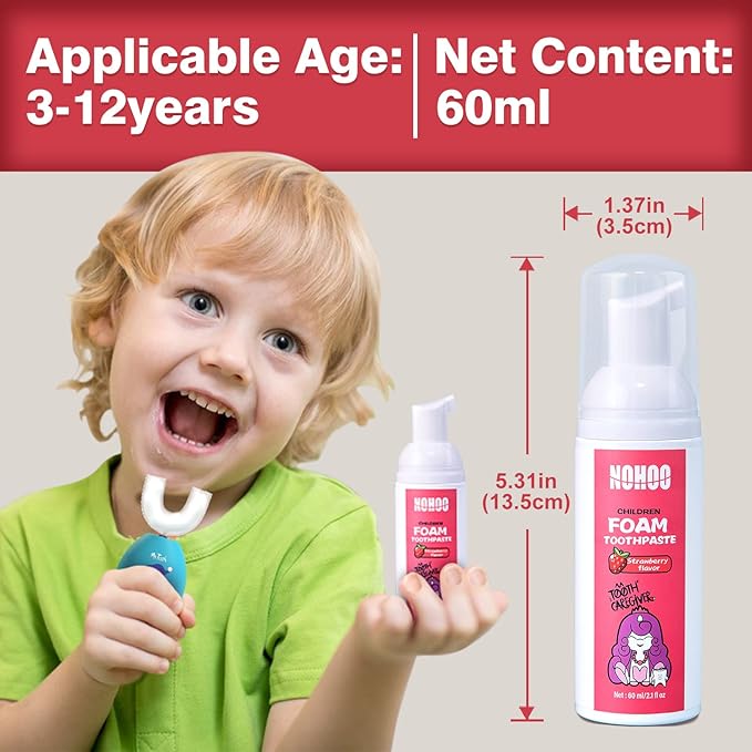 NOHOO Fluoride Free Foam Toothpaste Kids Fruit Flavour,Natural Training Toothpaste for Baby Toddler Children Oral Cleaning and Cavity Protection (2 Strawberry + 2 Peach)