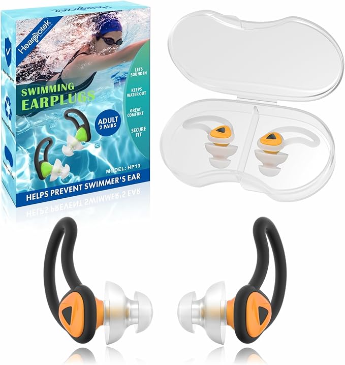 Hearprotek Ear Plugs for Swimming, [2 Pairs] Swim Ear Plugs Adults-Waterproof Silicone Water earplugs for Men Women Juniors Swimmers Pool Shower Bathing (Orange)-StrideForce Fitness
