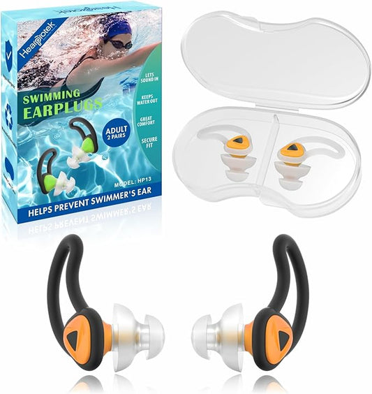 Hearprotek Ear Plugs for Swimming, [2 Pairs] Swim Ear Plugs Adults-Waterproof Silicone Water earplugs for Men Women Juniors Swimmers Pool Shower Bathing (Orange)-StrideForce Fitness
