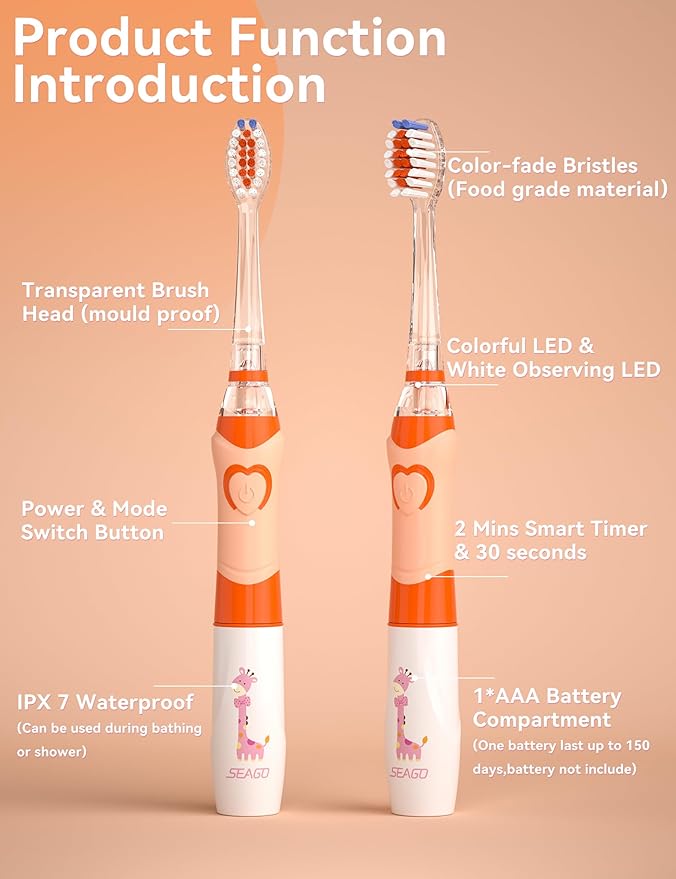 SEAGO Kids Electric Toothbrush with 2 Mins Brushing Timer and 4 Replacement Bursh Heads, Rainbow LED Light Make Brushing Fun, Boys Battery Powerd Toothbrush for 4-12 Years Old，SG-977(Orange)