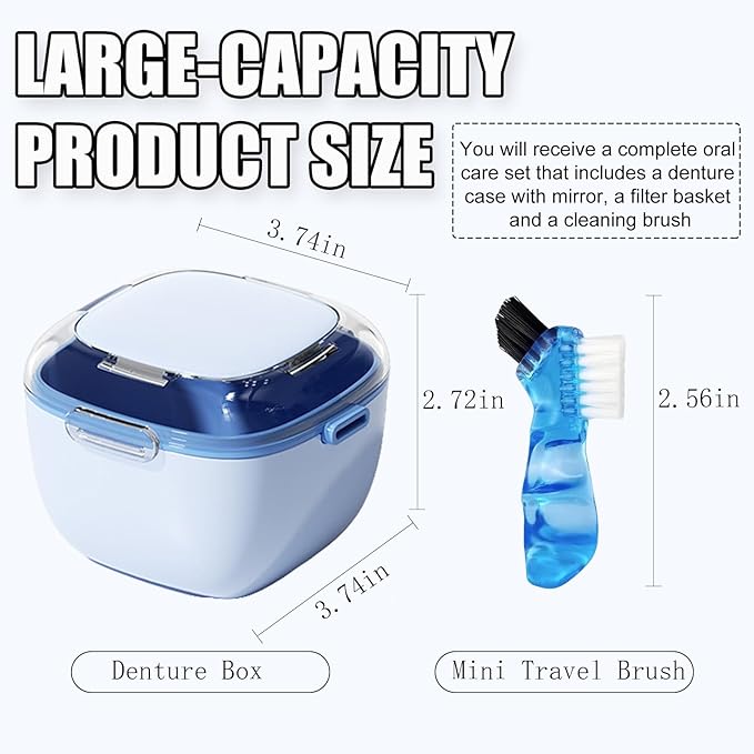 Denture Case, Retainer Cleaning Box, Large Capacity Denture Container Cup for Any Full and Partial Denture, Clear Dentures, Retainers, Night Guards (with Brush and Mirror)