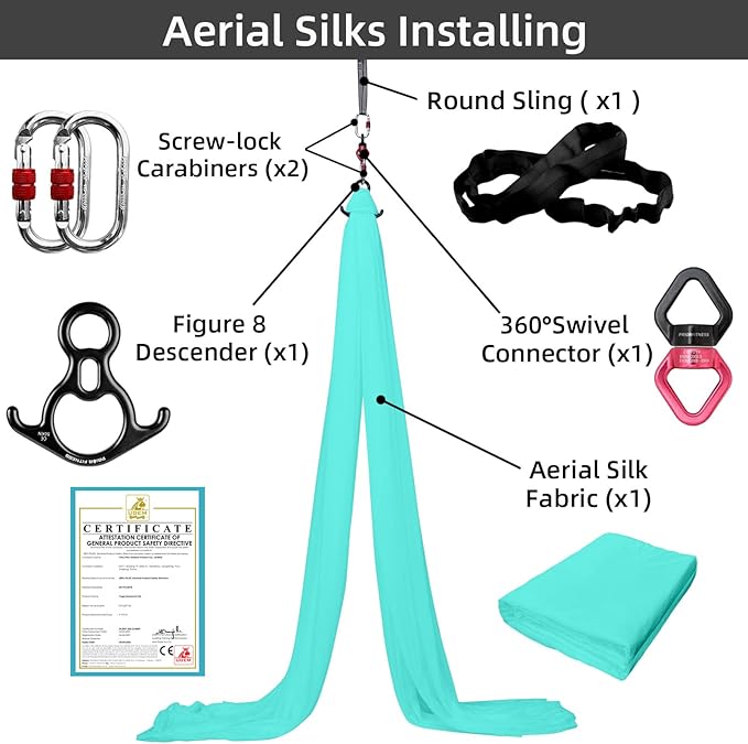PRIOR FITNESS Aerial Silks Kit Colorful 9/15/20 Yards 40D Nylon Fabric Hammock Set With Hardware & Guide for All Levels Of Aerial Yoga Practice and Acrobatic Flying For Adults Aerial silk-StrideForce Fitness