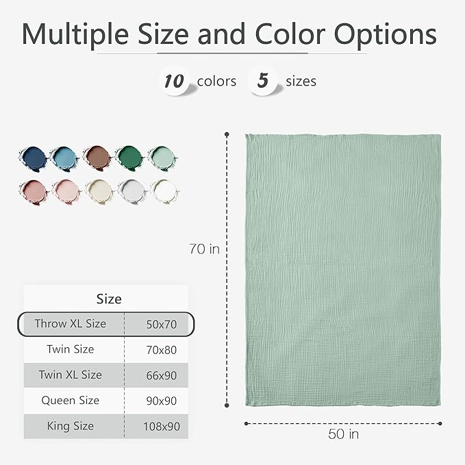 Carriediosa 100% Cotton Muslin Throw Blanket 50" X 70" Throw XL Size，4-Layers Summer Gauze Throws for Bed Couch，Soft Lightweight Breathable Linen Blankets Bedspread for Adults All Season，Sage Green-StrideForce Fitness