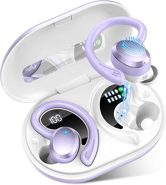 Wireless Earbud, Bluetooth 5.4 Headphones IP7 Waterproof for Sport, 48H Running Wireless Earphones with ENC Noise Cancelling Mic, Deep Bass Over Ear bud with Earhooks for Android, iOS, Workout, Purple-StrideForce Fitness