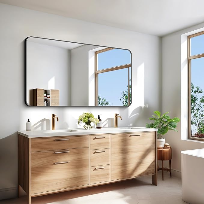 30x55 inch Bathroom Mirror,Black Rectangle Mirror,Wall Mounted Bathroom Frame Vanity Mirror with Round Corner for Bedroom Living Room, Entryway Hangs Horizontal or Vertical-StrideForce Fitness