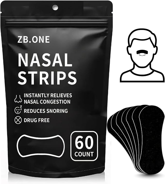 ZB.ONE Breathing Nasal Strip Starter Kit (60 Count), Nose Strips for Breathing, Drug-Free Snoring Solution, Athletic Nose Strips for Better Sleep & Oxygen Flow, Universal Fit & Extra Strength, Black