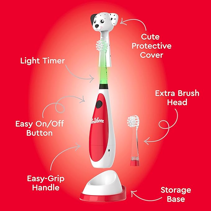 Brusheez Little Toddlers’ Sonic Toothbrush - Safe & Gentle Toothbrush for Ages 1-3 with Built-in, Light-Up 2-Minute Timer, Extra Brush Head, & Storage Base for First-Time Brushers (Spotty The Puppy)