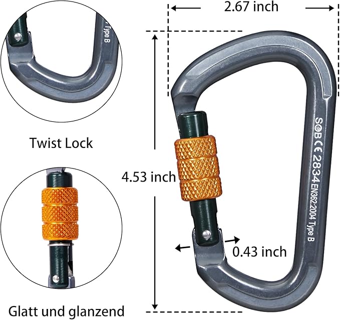 Auto Locking Rock Climbing Carabiner Clips, Heavy Duty Asymmetrical Carabiner Connector Used for Rappelling Rescue Outdoor Climbing, Mountaineer, Hammock, Camping-StrideForce Fitness