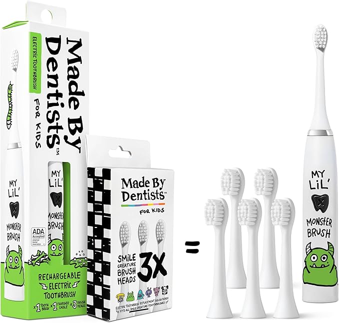 Made by Dentists Kids Electric Toothbrush - Rechargeable Vibrating Toothbrush with Timer, Includes 6 Replacement Heads, Halloween Gifts for Kids, Girls and Boys, Kid & Toddlers Age 2+, Monster
