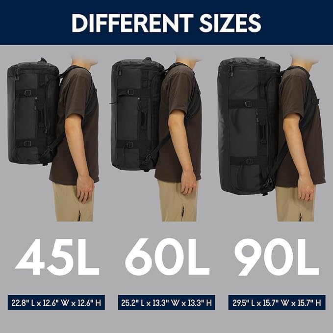Haimont Duffle Backpack for Men Women, Convertible Travel Duffel Bag Backpack with Shoes Compartment, Heavy Duty Weekender Bags for Sports Gym, Traveling, Camping, Water-resistant, 60L, Black