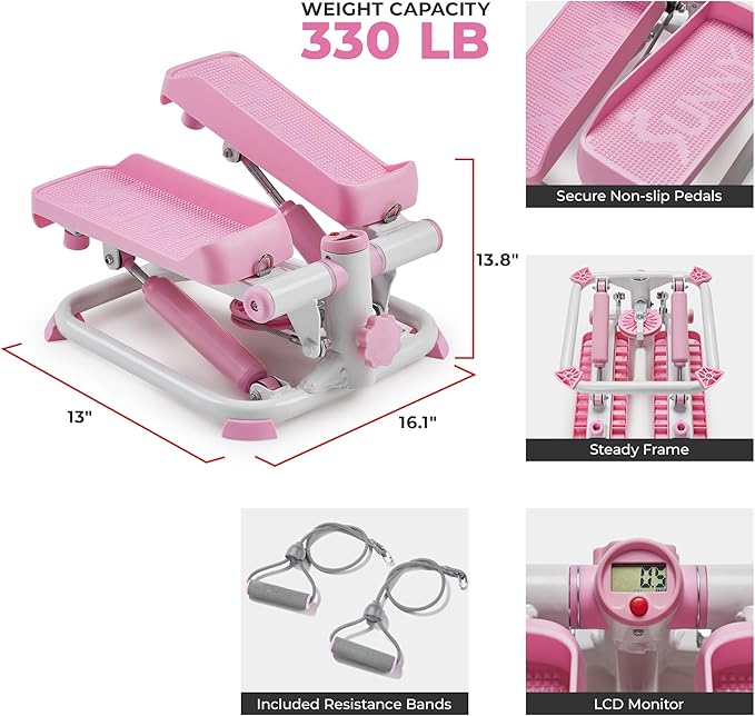 Sunny Health & Fitness Mini Stepper for Exercise at Home, Stair Step Workout Machine with Resistance Band and Over 300lb Weight Capacity, Optional Twist Motion and Free SunnyFit App Connection-StrideForce Fitness