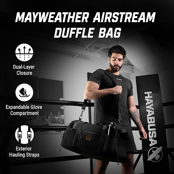 Hayabusa Mayweather Airstream Duffle Gym Bag for Women and Men - Black/Gold, 50L-StrideForce Fitness