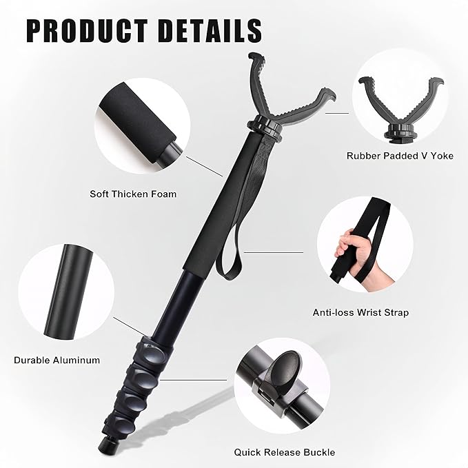 Shooting Stick with V Yoke, 22-62 inches Adjustable Aluminum Shooting Monopod for Hunting Rifles-StrideForce Fitness
