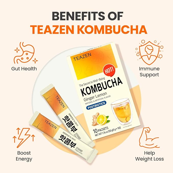 TEAZEN Lemon Ginger Hot Kombucha Tea, Spice Tea, Live Probiotics & Postbiotics, Relaxation and Warmth for Colds and Sore Throat, Hydration Drink Mix, Sugar Free, 10 Sticks, 1.76oz-StrideForce Fitness