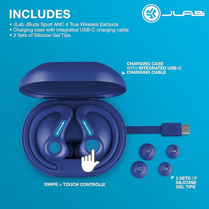 JLab JBuds Sport ANC 4 True Wireless Bluetooth Earbuds + Charging Case, Cobalt Blue, Swipe + Touch Controls, Hybrid Active Noise Cancelation, Multipoint Connect, Customized Settings App-StrideForce Fitness