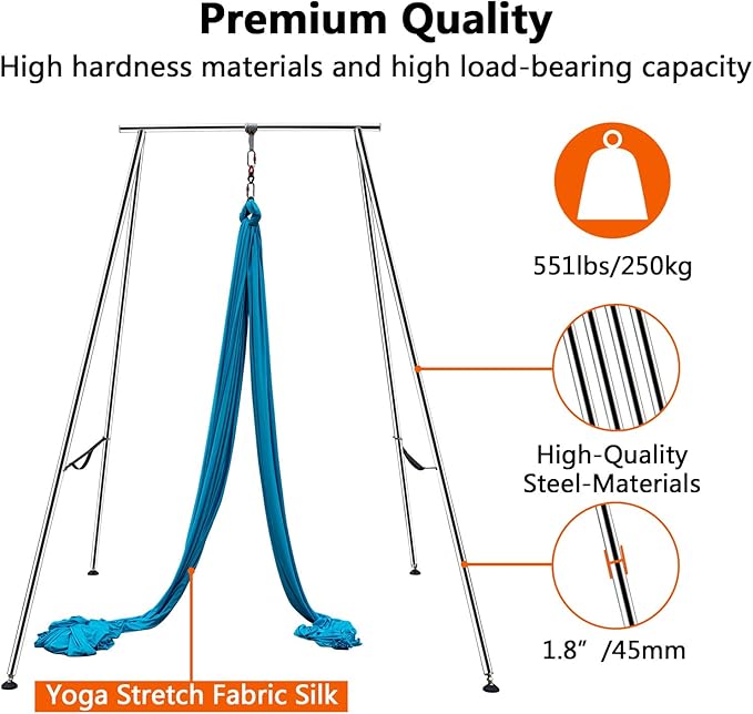 TECSPEC 9.6 FT/115.3 Inch Adjustable Height Aerial Yoga Frame & Hammock, Professional Swing Stand with 18 FT/33FT Aerial Silk, 550lbs Max Capacity-StrideForce Fitness