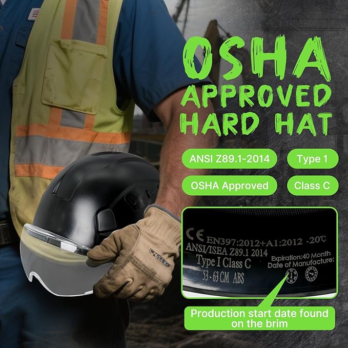 AOLAMEGS Construction Hard Hats for Men - ANSI Z89.1 OSHA Approved Safety Helmets, Black Hard Hat, Adjustable Vented Construction Hat with Clear Visor and Chin Strap, High Impact ABS Hardhats-StrideForce Fitness