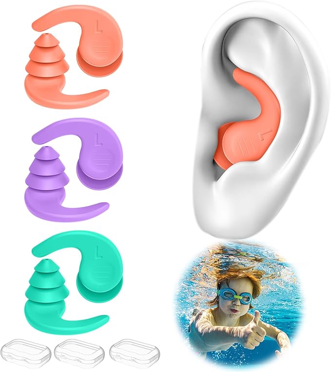 Kids Swimming Ear Plugs,3 Pairs Waterproof Reusable Silicone Child Swim Earplugs for Swimming Surfing Bathing Showering,Small Children Water Ear Plugs Suitable for Boys and Girls (Kids 4-12 Years Old)-StrideForce Fitness