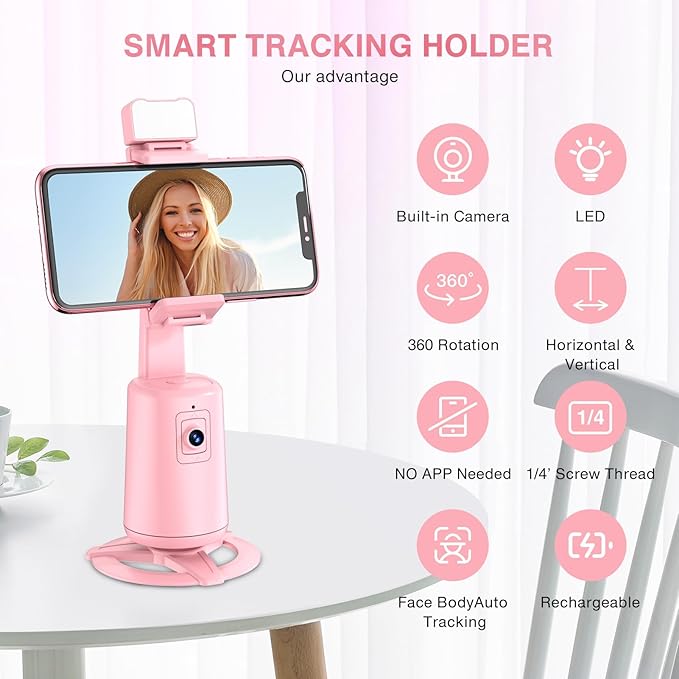 Auto Face Tracking Tripod 360° Rotating Cell Phone Photo and Video Kits Stand, No App, Phone Camera Stand with Remote and Gesture Control for Live Recording Tiktok Pink1-StrideForce Fitness