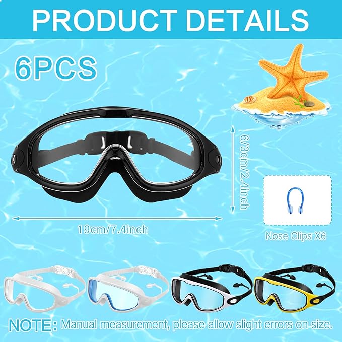 Kanayu 6 Pieces Swimming Goggles Wide View No Leaking Anti Fog Adult Swim Goggles with Earplugs Nose Clip for Adult Men Women-StrideForce Fitness
