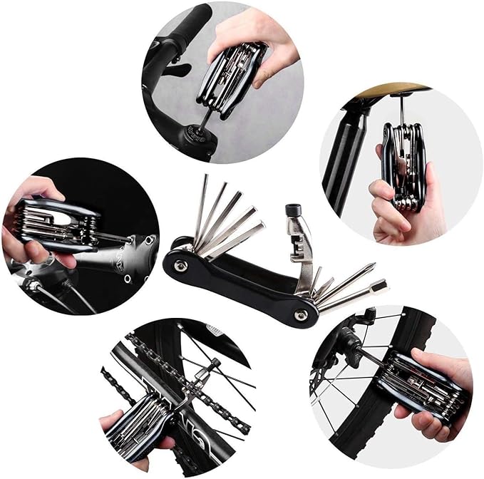 YBEKI Bike Tyre Repair Tool Kit - Bicycle Tool kit with 210 Psi Mini Pump 10-in-1 Multi-Tool with Chain Breaker, Tyre Levers &Tire Patch, Bone Wrench, 1 Portable Bag-StrideForce Fitness