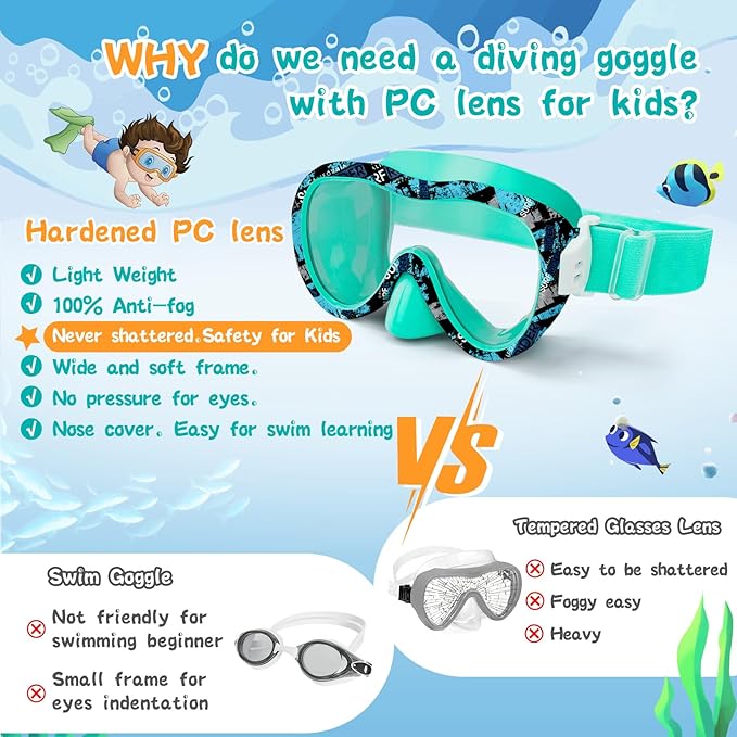 Kids Swim Goggles 180° Snorkel Diving Mask with Nose Cover, Anti-Fog Kids Swimming Goggles with Elastic Fabric Strap for Kids Boys Girls-StrideForce Fitness