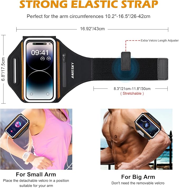 Running Armband with Earphone Bag Cell Phone Armband for iPhone 16 15 Pro 14 Plus 13 11 XR XS, Galaxy S24/S10 Water Resistant Sports Phone Holder Case & Zipper Slot Car Key Holder for 6.9 inch Phone-StrideForce Fitness