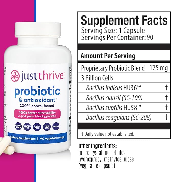Just Thrive Probiotic & Antioxidant Supplement - 100% Spore-Based Digestive and Immune Support - Gluten Free, 90 Caps-StrideForce Fitness