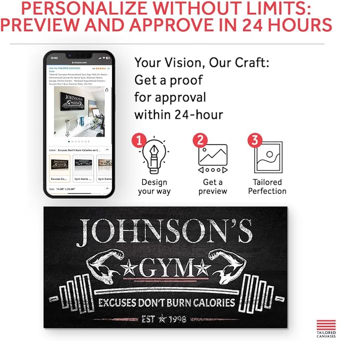 Tailored Canvases Personalized Gym Sign Wall Art Decor - Motivational Canvas for Home Gym, Workout Room, Garage, Fitness Center - Workout Inspirational Posters - Excuses Don't Burn Calories Dark, 48x24in-StrideForce Fitness